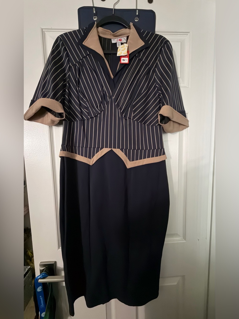 Miss Candy Floss Navy and Tan Pinstripe Midi Dress XL